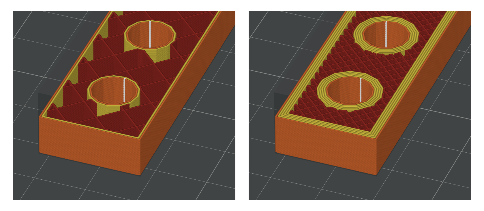 Wypełnienie 15% z 2 pętlami ścianki (po lewej), wypełnienie 55% z 5 pętlami ścianki (po prawej)