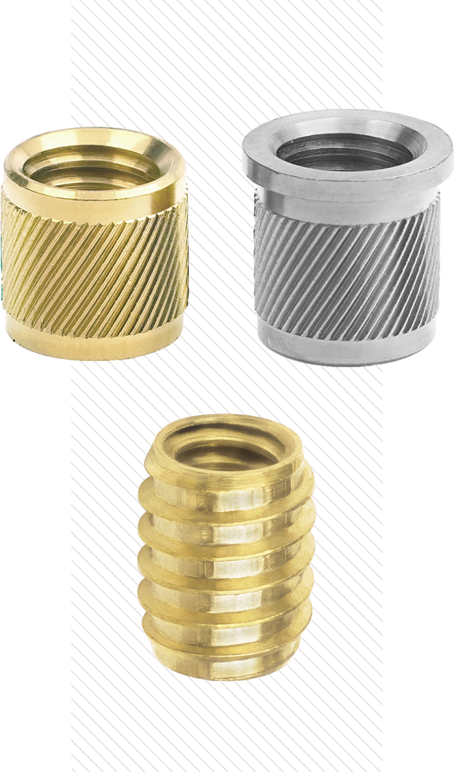 Inserty wciskane SPIROL serii 50 (u góry po lewej) i 51 (u góry po prawej) oraz Insert Samogwintujący SPIROL serii 10 (u dołu)